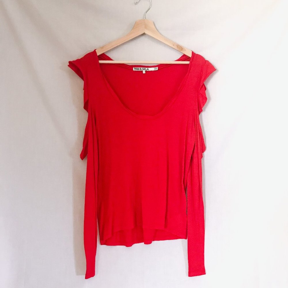 pam&gela // red ruffle cold shoulder long sleeve